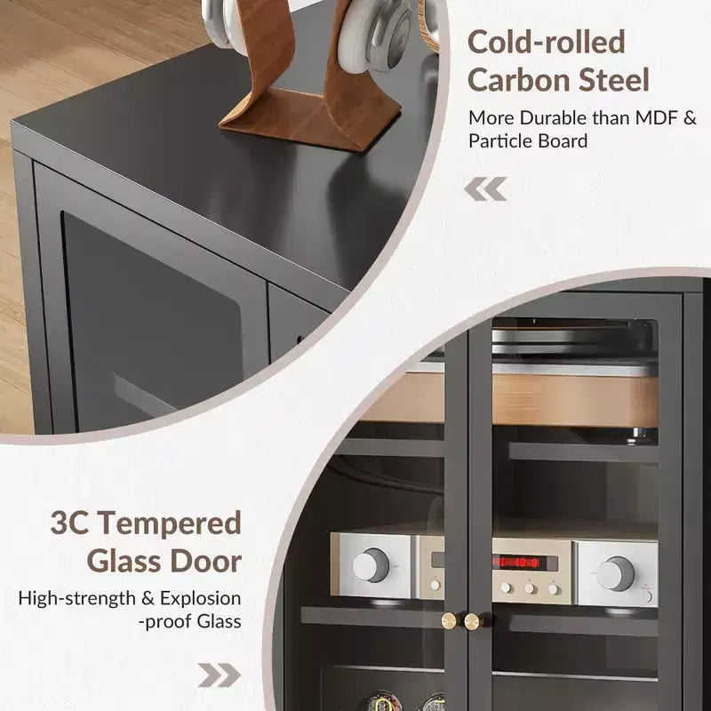 Bekrvio Metall-Mediaschrank, 4-stöckiger Stereoschrank mit Glastüren und verstellbaren Einlegeböden, Audio-AV-Rack mit Kabelmanagement