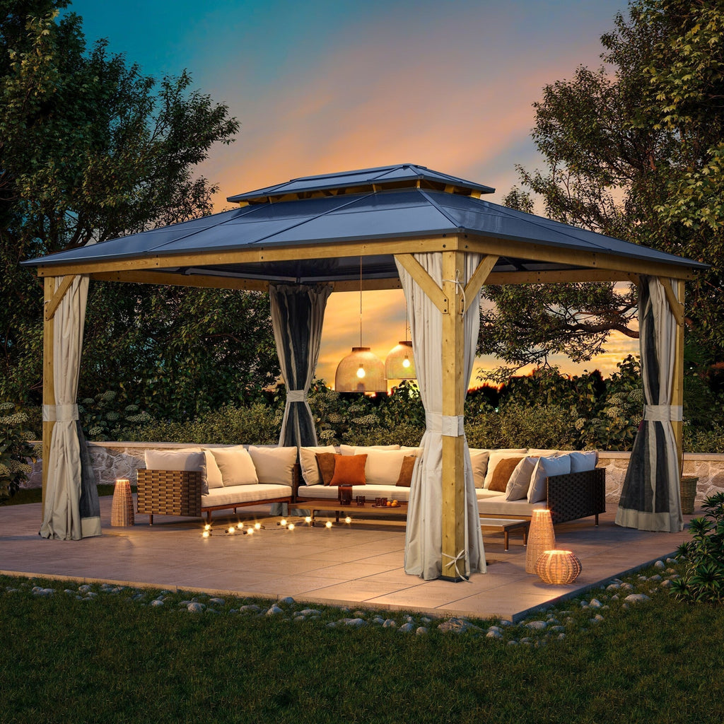 EROMMY Hardtop-Pavillon, Outdoor-Pergola mit Doppeldach & Netzen & Vorhängen, Hochleistungs-Canopy für Terrasse, Garten, Poolparty