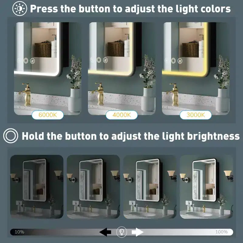 Schwarzer / Weißer / Goldener LED-Spiegelschrank, einzelne Tür, links- oder rechts angeschlagen, Einbau- oder Wandmontage