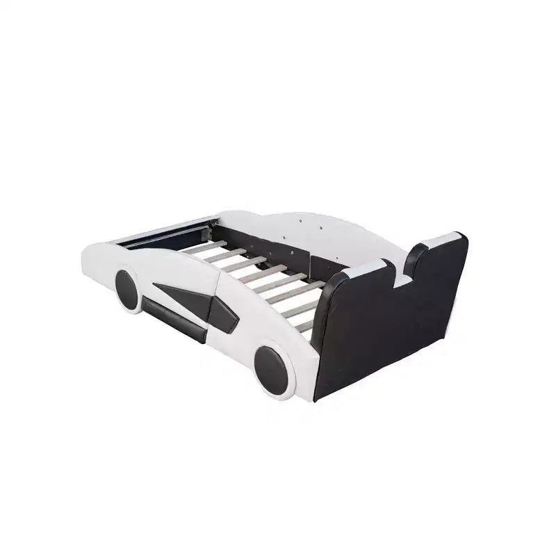 Whisen Wood Plattformbett in Rennwagen-Form, Twin-Größe, mit LED-Beleuchtung und gepolsterter Rückenlehne