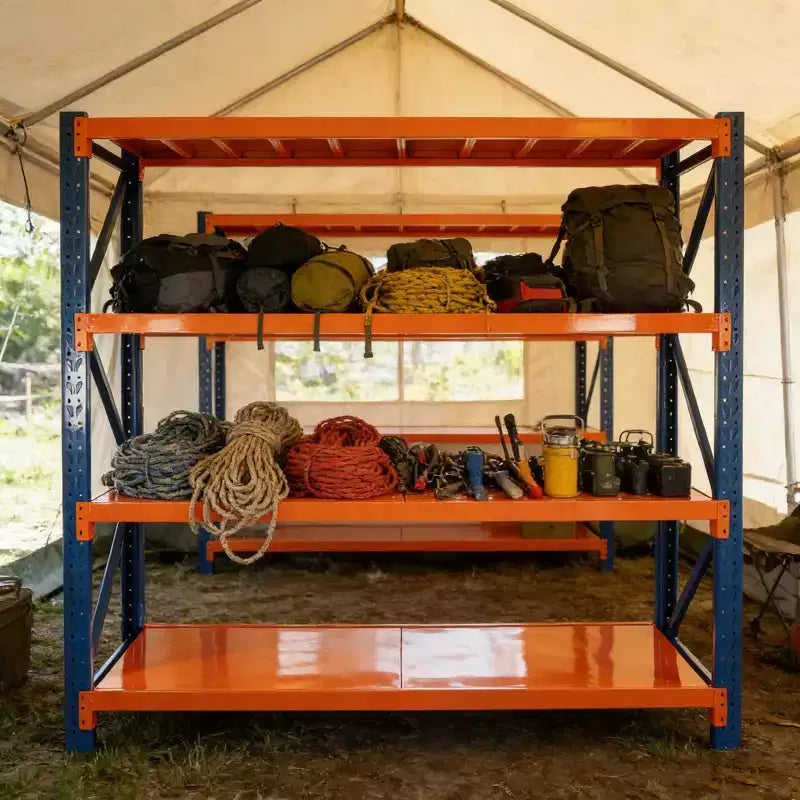 VIYET Schwerlast-Garagenregale, 4-stöckig, 2000 kg Tragkraft, verstellbares Metallregal, blau-orangefarbene Industrieregale für Geschäft/Werkzeuge/Fitnessstudio