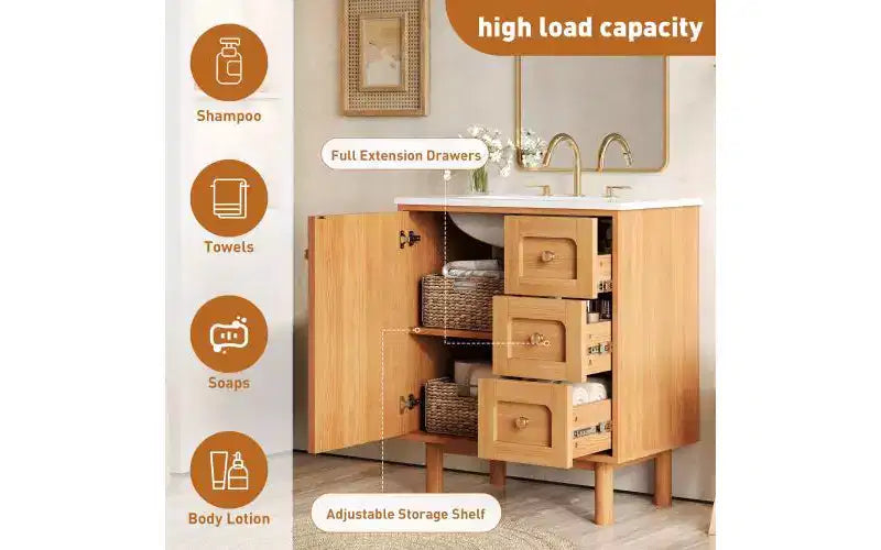 JVNOXK 75 cm Rustikaler Moderner Keramik-Waschtischunterschrank mit 3 Schubladen und 1 großer Soft-Close-Tür, Aufbewahrungsschrank, Naturholzmaserung