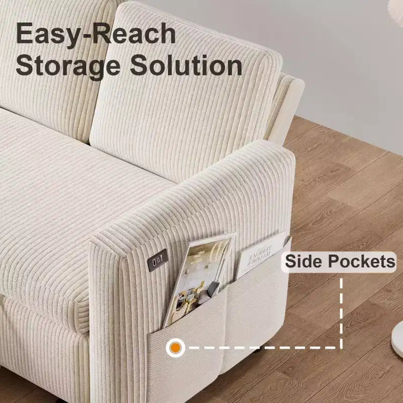 Dyonery 2-in-1 Schlafsofa ausziehbar mit Stauraum-Recamiere, Cord-Ecksofa mit USB-Anschlüssen für das Wohnzimmer