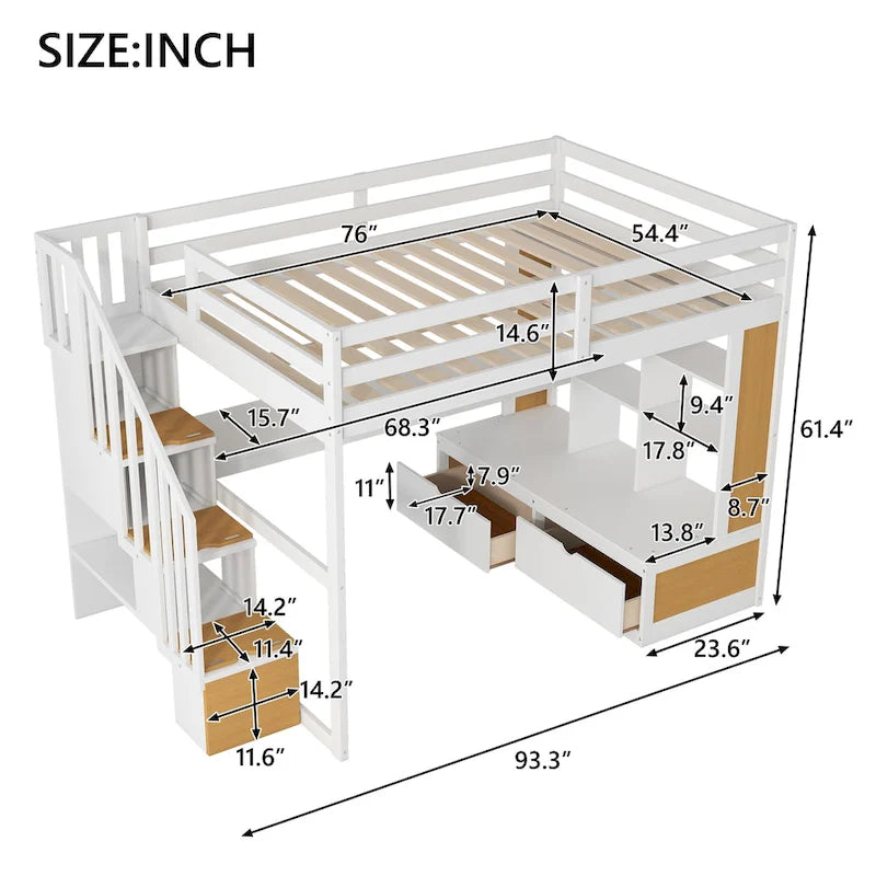 Dachbodenbett aus Massivholz (Natur+Weiß) mit Schreibtisch und Schubladen