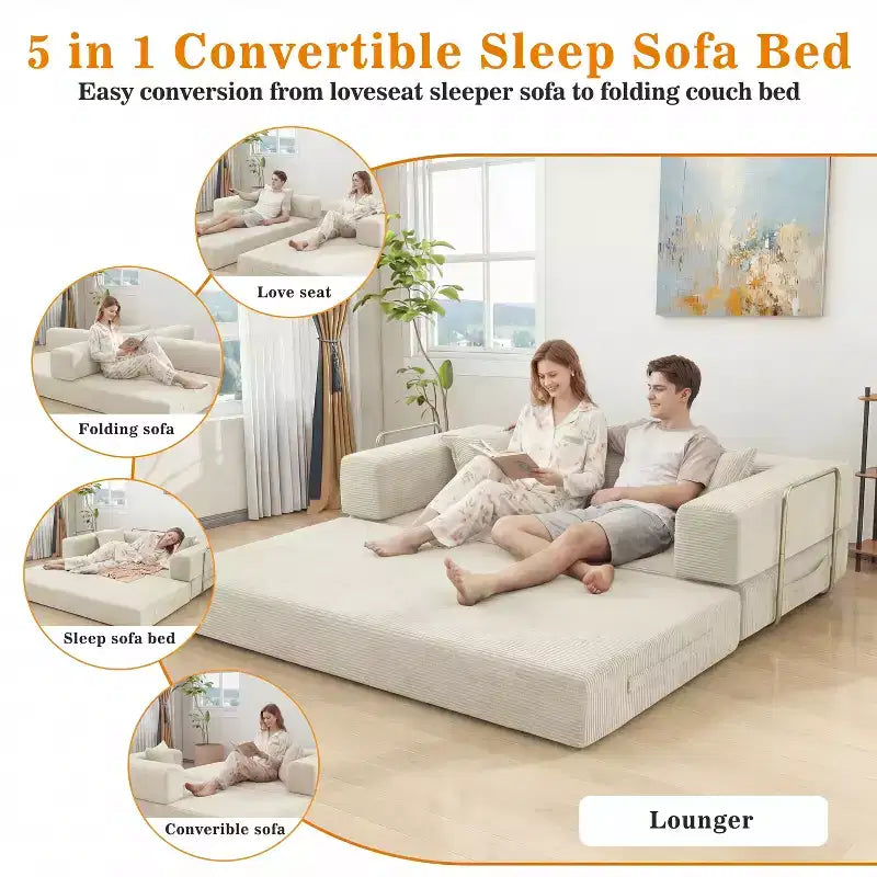 Dyonery 78 Klappsofabett, umwandelbare Kordsofa-Couch, King-Size-Bodenschläfer, 4-in-1 DIY-Kombination, modulares Sofabett, ausklappbares bequemes Sofa.
