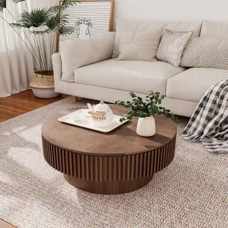 Moderner runder Couch-/Teetisch aus massivholzfurniertem Holz mit Stauraum