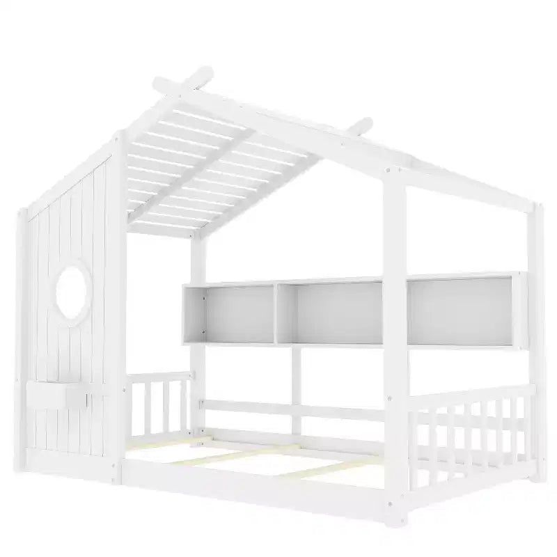 Twin/Full Size Hausbett Plattform-Bettrahmen Kleinkind-Bodenbett Kinder Montessori Bett Spielhausbett mit Ablagefach – ModernLuxe
