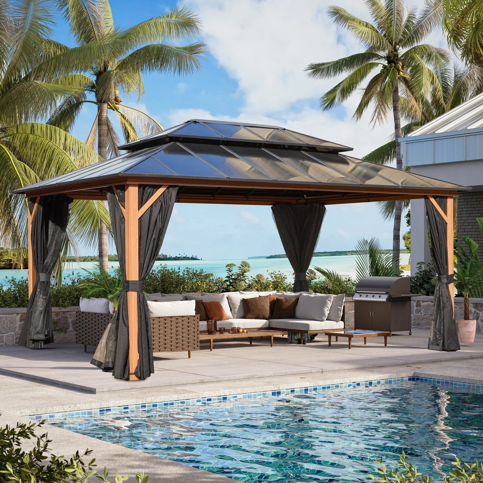 EROMMY Hardtop-Pavillon, Outdoor-Pergola mit Doppeldach & Netzen & Vorhängen, Hochleistungs-Canopy für Terrasse, Garten, Poolparty