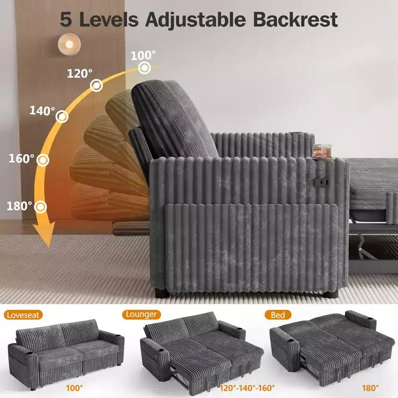 Dyonery 91 Sektional Schlafsofa mit Ausziehbett, verstellbarer Rückenlehne/zwei Ausziehbetten/USB-Anschlüssen/Getränkehaltern, Plüsch-Kordbezug