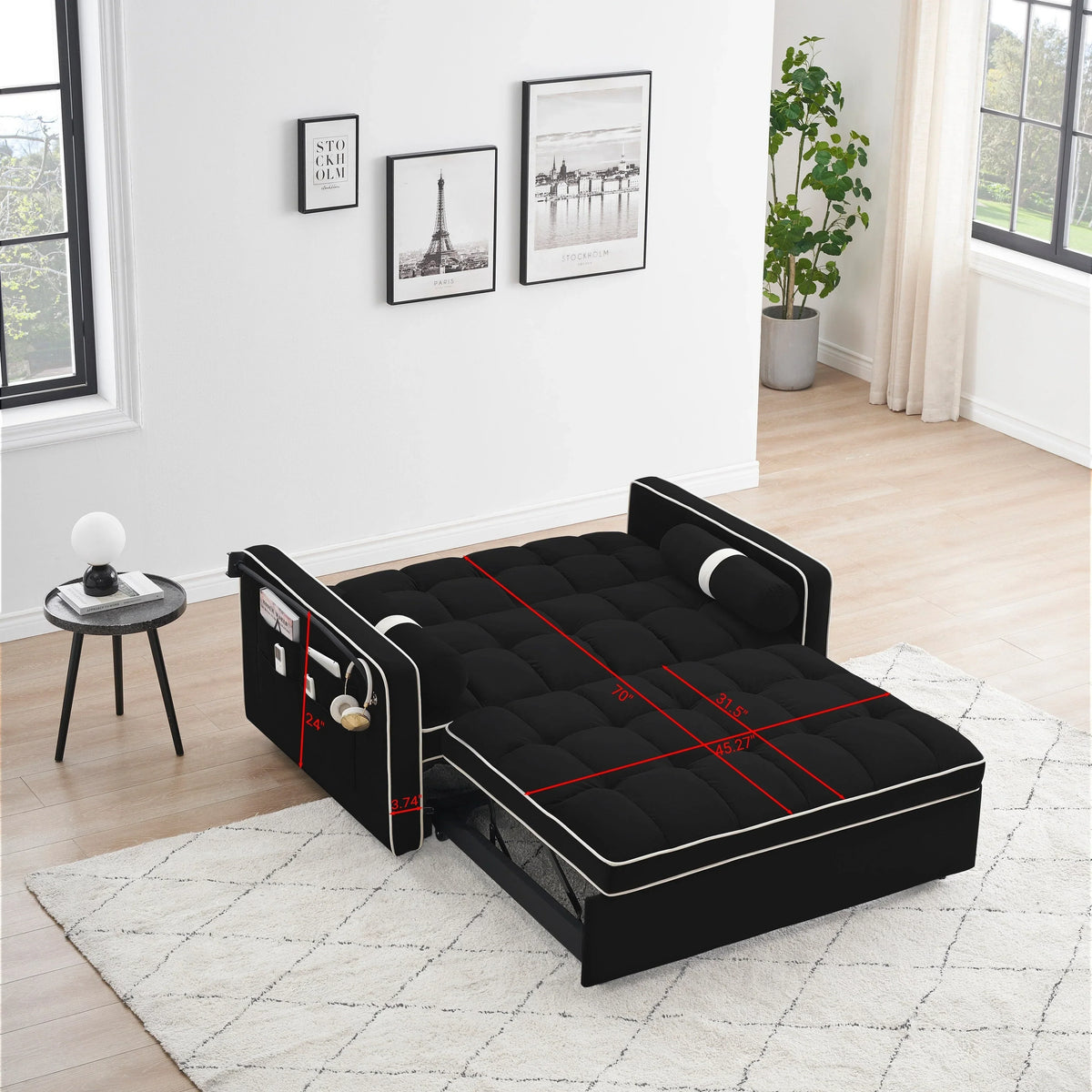 Samt-Schlafsofa zum Umbauen, 140 cm, 2-Sitzer, mit Ausziehbett, verstellbarer Rückenlehne, Seitentaschen und Handyhalterung