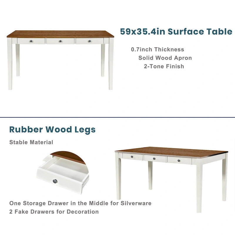 6-teiliges Esszimmerset aus Holz mit 4 Stühlen und einer Bank, Tisch mit Schublade