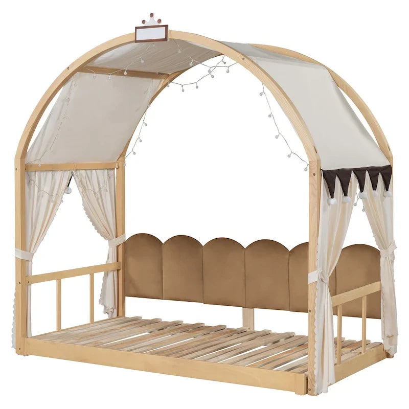 Massivholz-Spielhaus-Plattformbett, Montessori-Bettrahmen mit gewölbtem Dach und Ausziehbett für Mädchen und Jungen