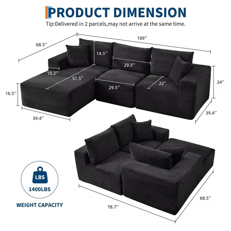 108 Modernes Sofa, 3-Sitzer Polster Ecksofa mit Kissen, Tiefes Sofa, Keine Montage Erforderlich