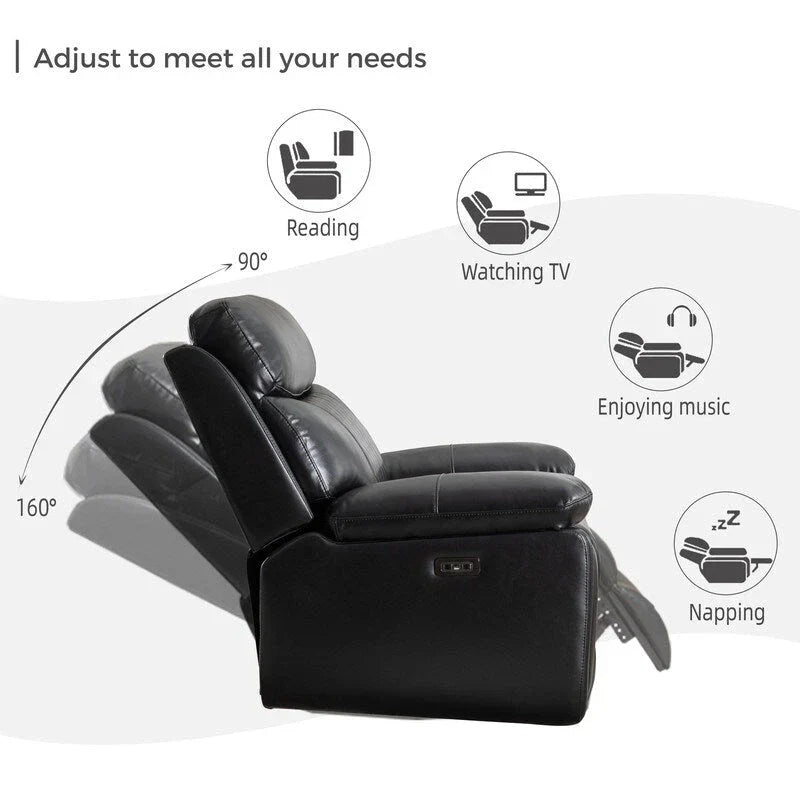 Elektrisches Liegesofa mit kabelloser Ladestation, Leselampe, LED-Beleuchtung für Wohnzimmer, Kunstleder, AC-/USB-Anschluss, Getränkehalter, Schwarz