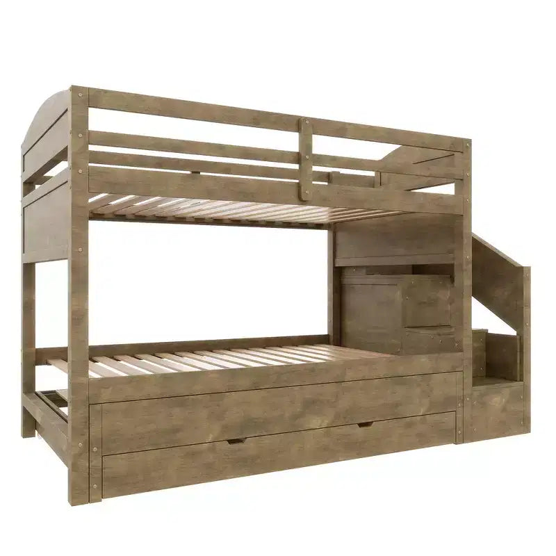 Whisen Twin XL Etagenbett mit Ausziehbett, Etagenbett mit Stauraum, Etagenbett aus Massivholz, Treppe mit Stauraum, Kleiderschrank, 3 Schubladen, für Kinder