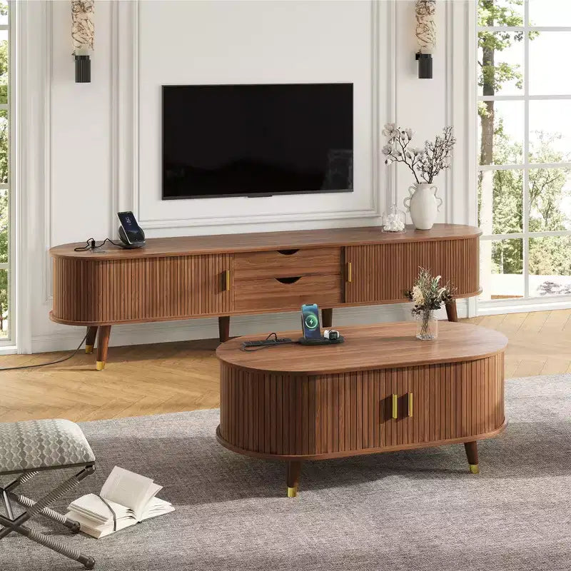 CLIHOME TV-Schrank und Couchtisch-Set aus Holz im Farmhouse-Stil mit Ladestation, ovales, gerilltes Medienboard für Fernseher bis 80 Zoll