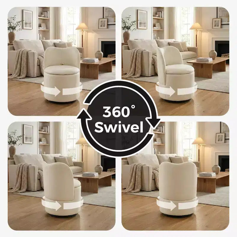 Drehbarer Schminkstuhl mit Stauraum, gepolsterter runder Make-up-Hocker mit Rückenlehne, weich gepolsterter Fass-Akzent-Sessel für Schlafzimmer und Wohnzimmer