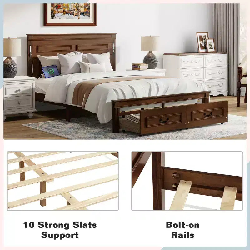 ModernLuxe Bettrahmen für Queensize-/Kingsize-Betten mit hohem Kopfteil, rustikales Holzbettgestell mit 2 Schubladen, LED-Beleuchtung und USB-Anschlüssen