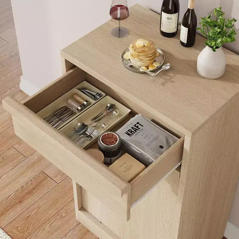 Kippbarer Mülleimer, natürliche Eiche, Mülleimer mit Stauraum und Schublade, versteckter Müllschrank, Wäschekorb für Küche, Esszimmer, Wohnzimmer