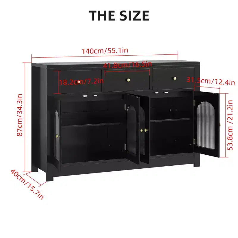 55 Zoll großer Vorratsschrank, schmales Buffet-Sideboard mit 3 Schubladen und 4 Türen für Küche, Esszimmer, Wohnzimmer