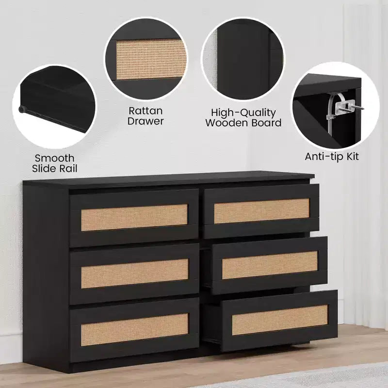 Rattan-Kommode für Schlafzimmer mit 6 Schubladen, 47" moderne Farmhouse breite Kommode, Holz-Aufbewahrungsschrank-Organizer für Kleiderschrank, Wohnzimmer, Flur