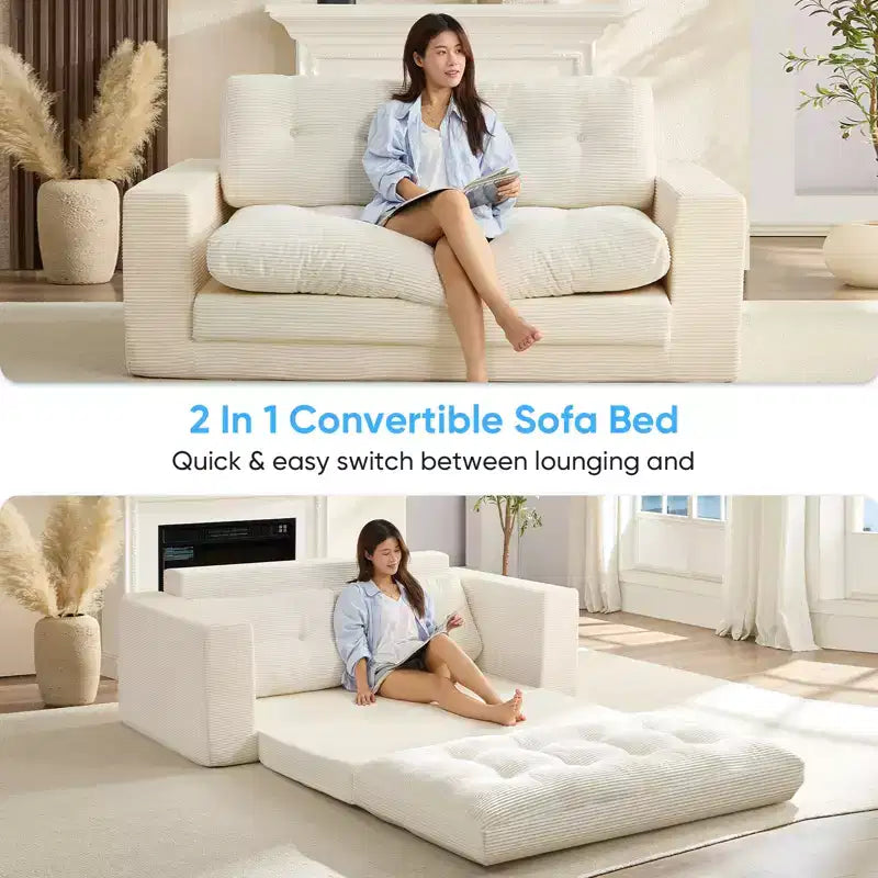 Mjkone 71" 2-in-1 Schlafsofa, umwandelbar, gerippter Stoff, klappbares Zweisitzer-Schlafsofa mit geknöpften Polstern, platzsparend