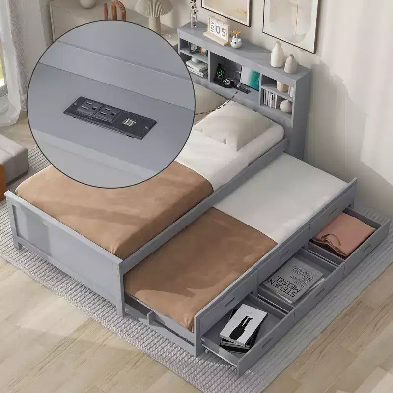 Plattformbett mit Rollbett und Schubladen, Stauraumbett mit USB-Anschluss, Holzbett mit Bücherregal