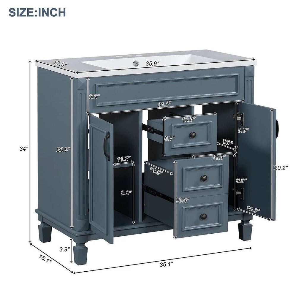 Moderner 36'' Badschrank mit Aufsatzwaschbecken und Spiegelschrank, 2 Türen und 2 Schubladen