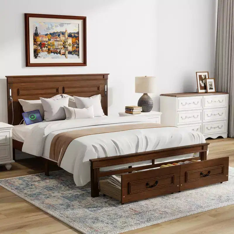 ModernLuxe Bettrahmen für Queensize-/Kingsize-Betten mit hohem Kopfteil, rustikales Holzbettgestell mit 2 Schubladen, LED-Beleuchtung und USB-Anschlüssen