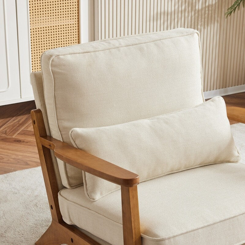 Polster-Akzentsessel aus Leinenmischgewebe mit Holzbeinen und einem Kissen, Beige