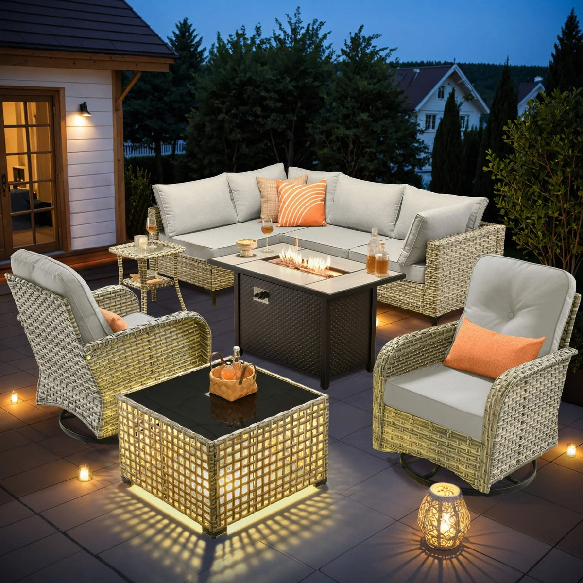 OVIOS 9-teiliges Gartenmöbel-Set aus Korbsessel und Feuertisch