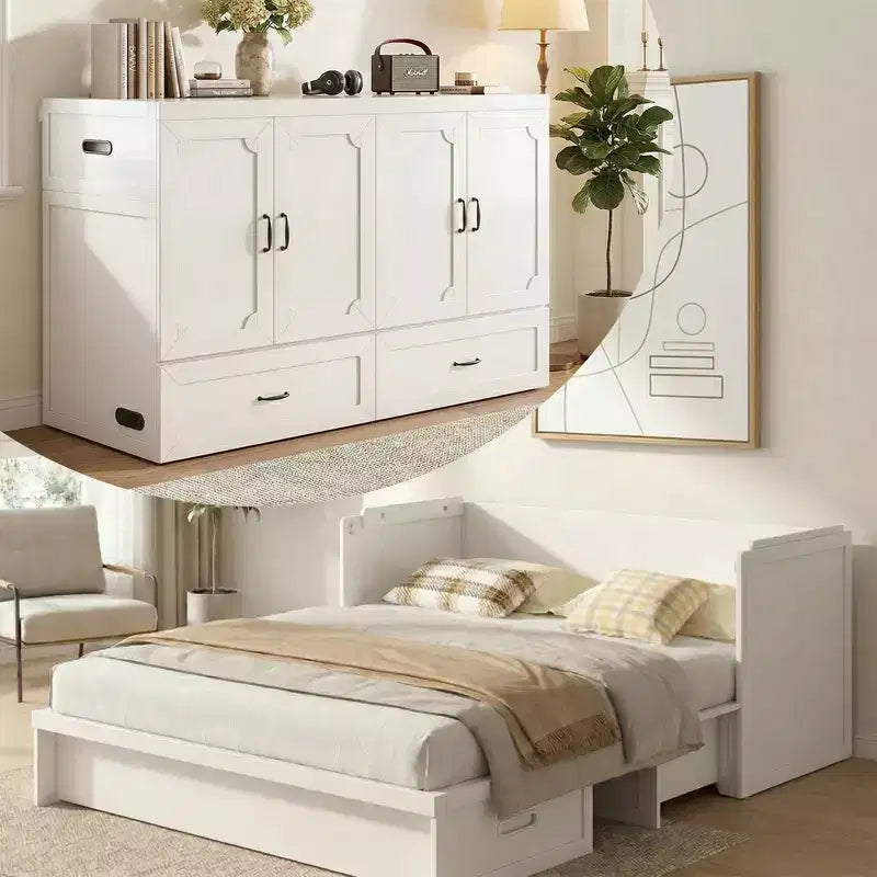 Mjkone Queen-Size-Schrankbett mit Matratze, USB-Ladeanschluss und Aufbewahrungsschubladen