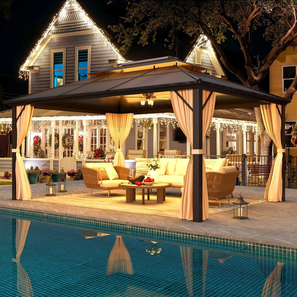 EROMMY Hardtop-Pavillon, Outdoor-Pergola mit Doppeldach & Netzen & Vorhängen, Hochleistungs-Canopy für Terrasse, Garten, Poolparty