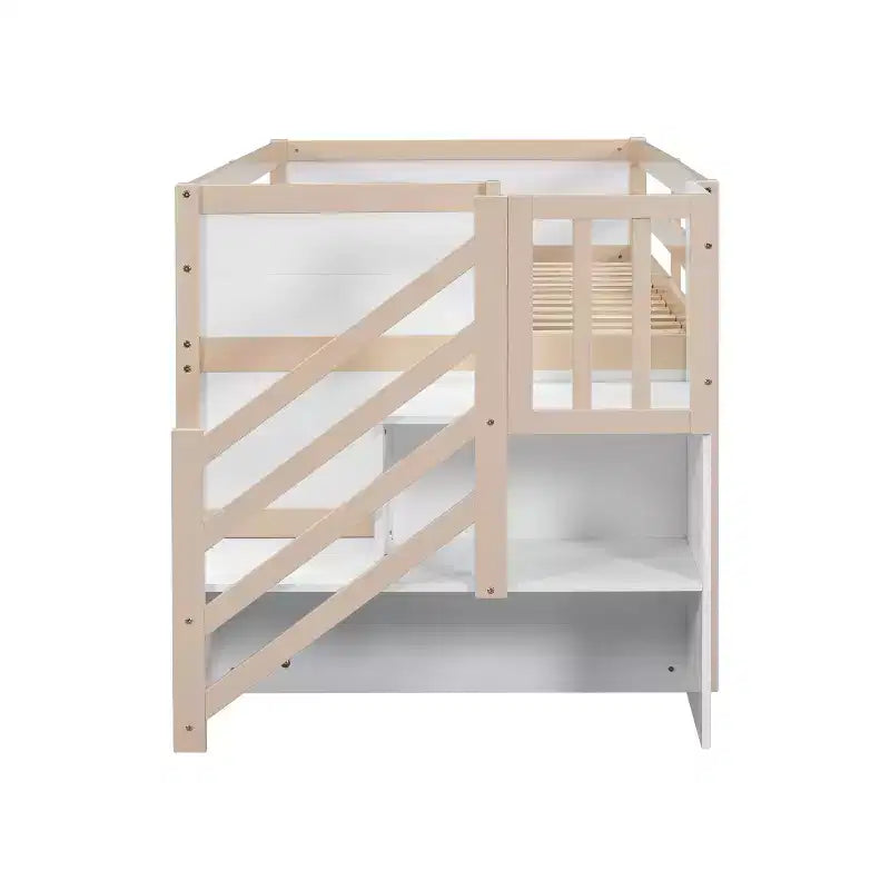 Okak Massivholz-Hochbett mit Treppe & Stauraum, Niedriges Etagenbett mit Schubladen & Regalen, Multifunktionales Hochbett für Kinder, Jugendliche