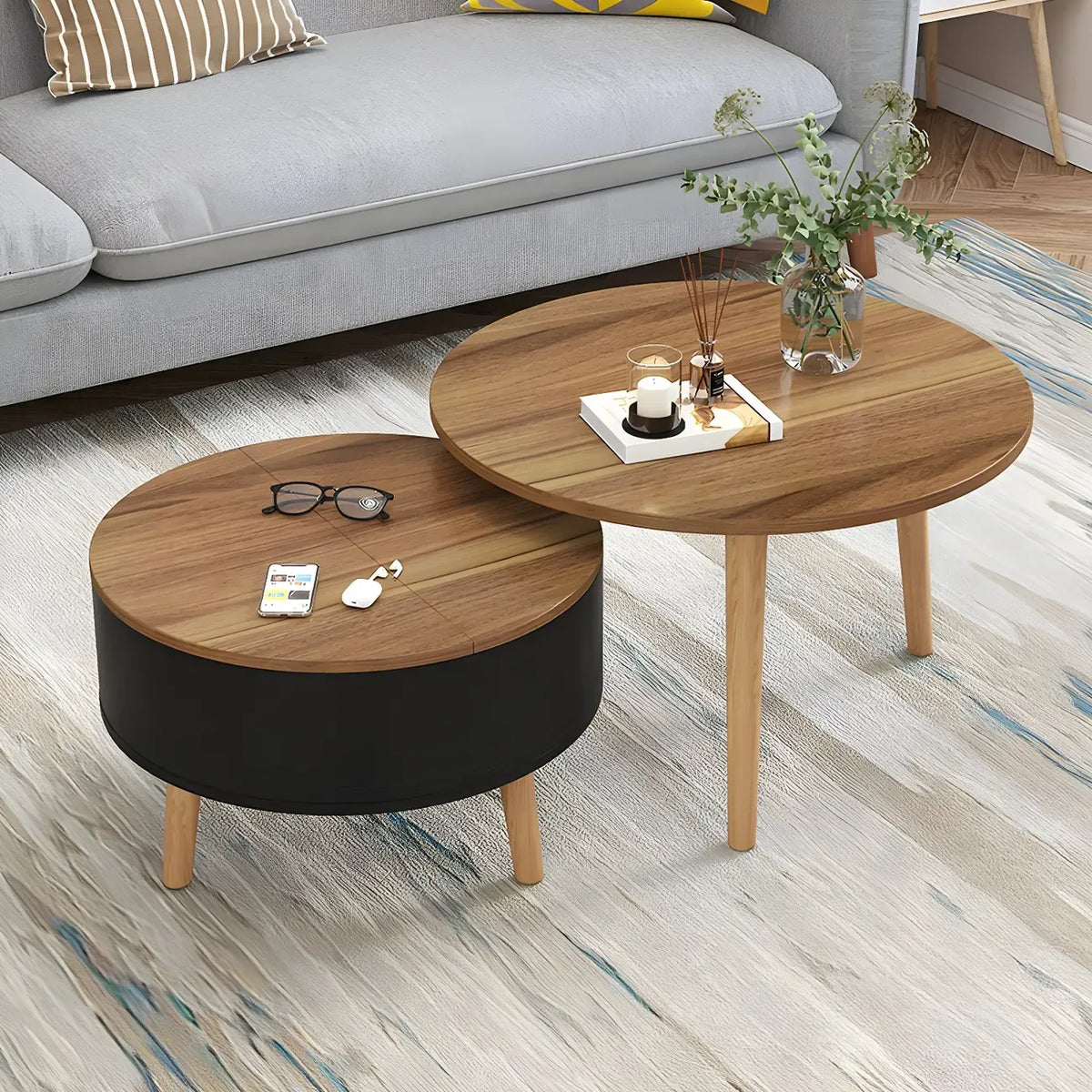 Schwarz Weiß Moderner Runder Couchtisch aus Holz mit Stauraum