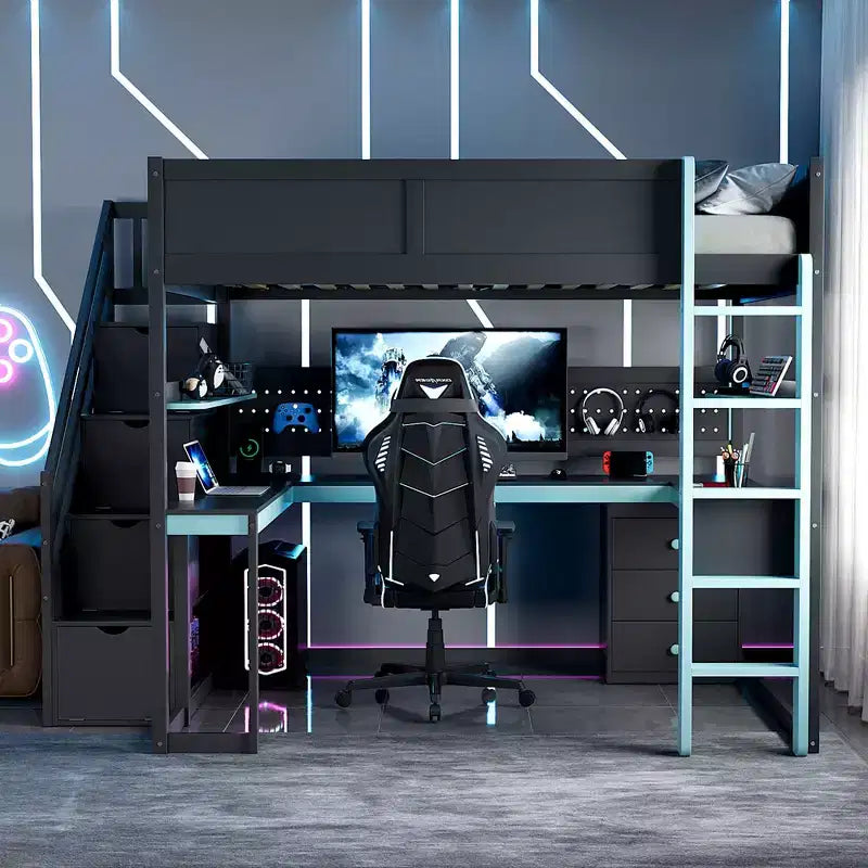 GDFStudio Scott hölzernes Gaming-Hochbett mit Stauraumtreppe, Schreibtisch, Regalen und Lochwand