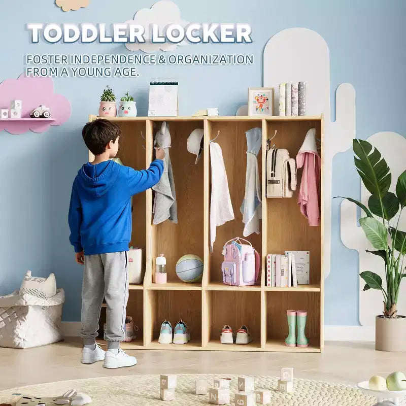 Braun/Weißes Garderobenfach mit 4 Abschnitten und 8 Haken, für Kinder