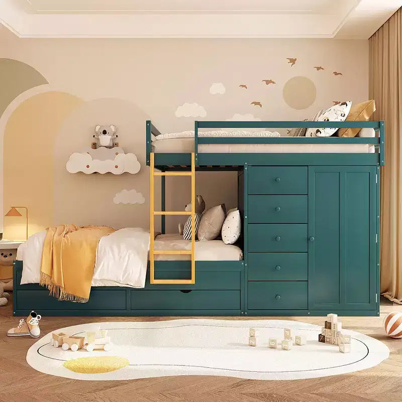 Etagenbett „Full-over-Full“ mit Kleiderschrank und Schubladen, platzsparendes Etagenbett aus Holz in voller Größe mit Rausfallschutz für Apartment, Schlafzimmer