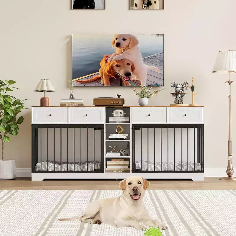82" Doppel-Hundebox Möbel, großer Hundezwinger für 2 Hunde, robuster TV-Ständer aus Holz mit 4 Schubladen und Regalen