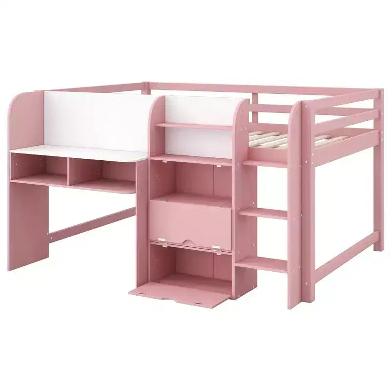 Niedriges Hochbett in Pink/Weiß mit Schreibtisch, Stauraum & Whiteboard – Einzelbett, 1 Person