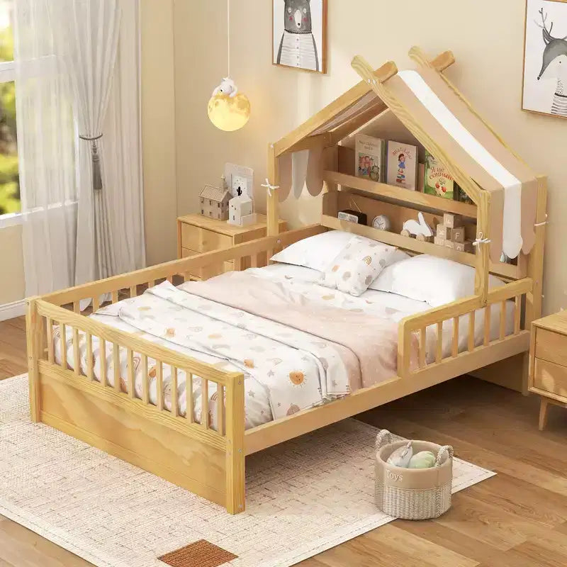 ModernLuxe Hausbett aus Holz für Zwillinge/Standardgröße mit Stauraum-Kopfteil, Kinderbettgestell aus massivem Kiefernholz mit Rausfallschutz