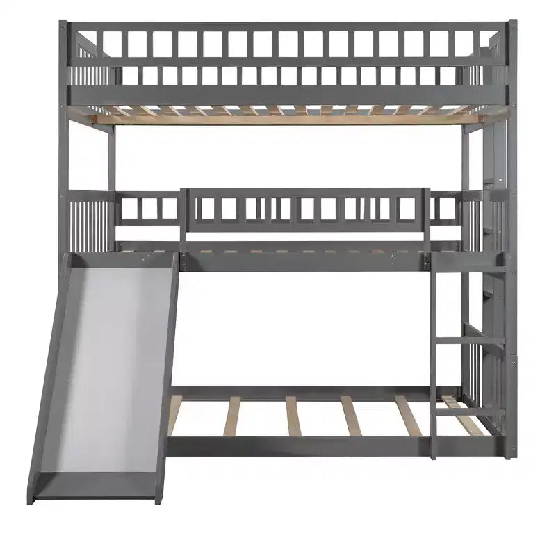 Doppelstockbett mit drei Etagen, Full-Size-Betten, umwandelbarer Leiter und Rutsche, Dreibettbett mit Schutzgeländern, Weiß/Grau/Espresso – ModernLuxe