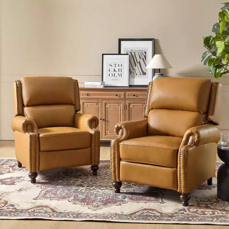 2er-Set Elisabete Modern Wingback Echtleder-Liegesessel mit Vintage-Nagelkopfleiste für Wohn- und Schlafzimmer | ART OF LIVING DESIGNS