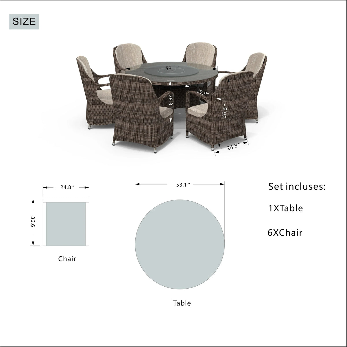 7-teiliges Garten-Essgruppe aus Rattan mit runden Kissen von Moda Furnishings