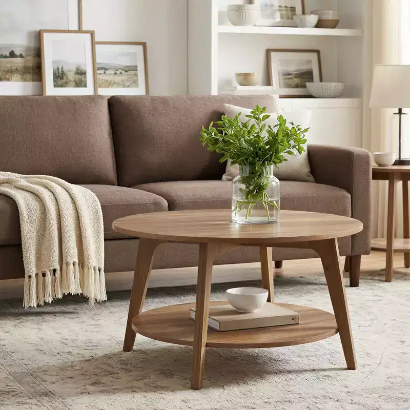 Honigbrauner runder Couchtisch mit 2 Ablageflächen, Maße 80 x 45 cm, ideal für das Wohnzimmer