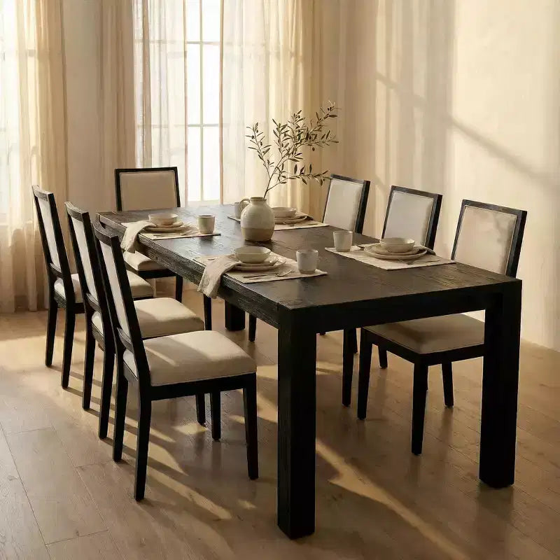 Modernes Esszimmer-Set – 80 Tisch + 6 gepolsterte Stühle, Massivholzrahmen, 180 kg Tischbelastbarkeit, einfache Montage
