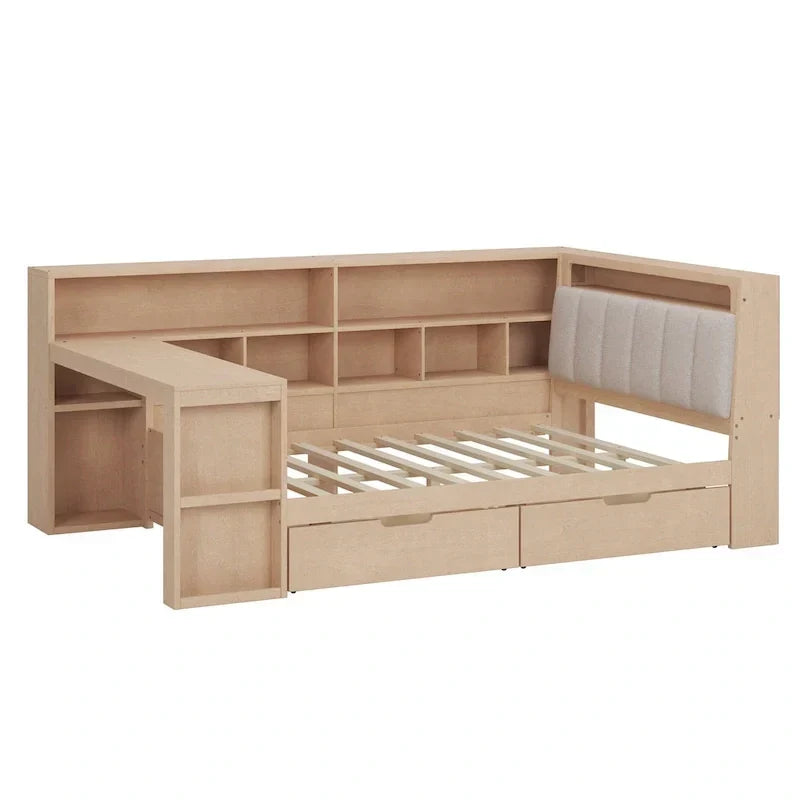 L-förmiges Holzsofa-Tagesbett mit Schreibtisch, Bücherregal, Eckbett mit Schubladen unter dem Bett, gepolstertem Kopfteil und integrierter Beleuchtung