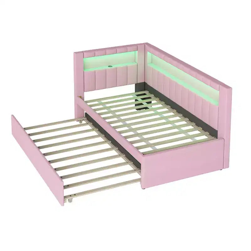 Einzel-/Doppel-Tagesbett mit Ausziehbett und L-förmigem Bücherregal-Kopfteil, gepolstertes Eckbett aus Leinen mit Ablageregalen und LED-Beleuchtung