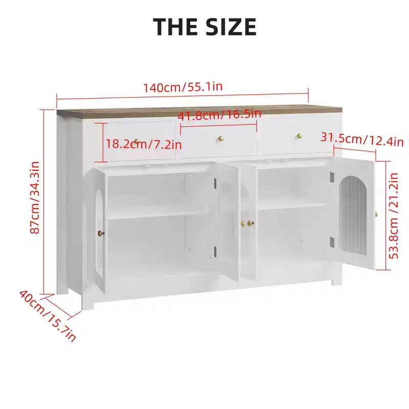 55 Zoll großer Vorratsschrank, schmales Buffet-Sideboard mit 3 Schubladen und 4 Türen für Küche, Esszimmer, Wohnzimmer