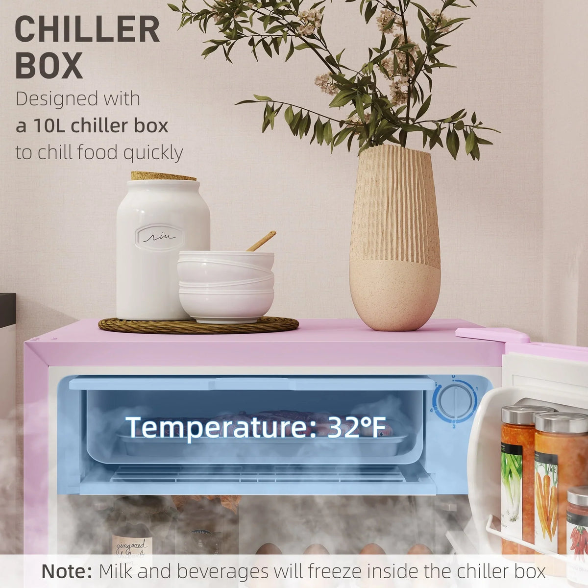 HOMCOM 90L Mini-Kühlschrank mit Gefrierfach, Kompakter Kühlschrank mit einer Tür und einstellbarem Thermostat für Schlafzimmer
